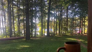 Ein Tisch mit einer Tasse in einer bewaldeten Gegend mit Seeblick.