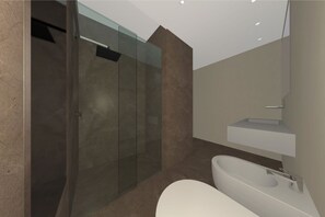 Douche, sèche-cheveux, serviettes fournies, savon