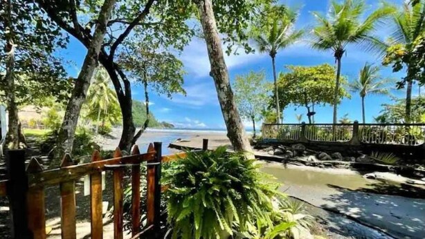A wooden fence, a small waterfall, and a beach with palm trees.