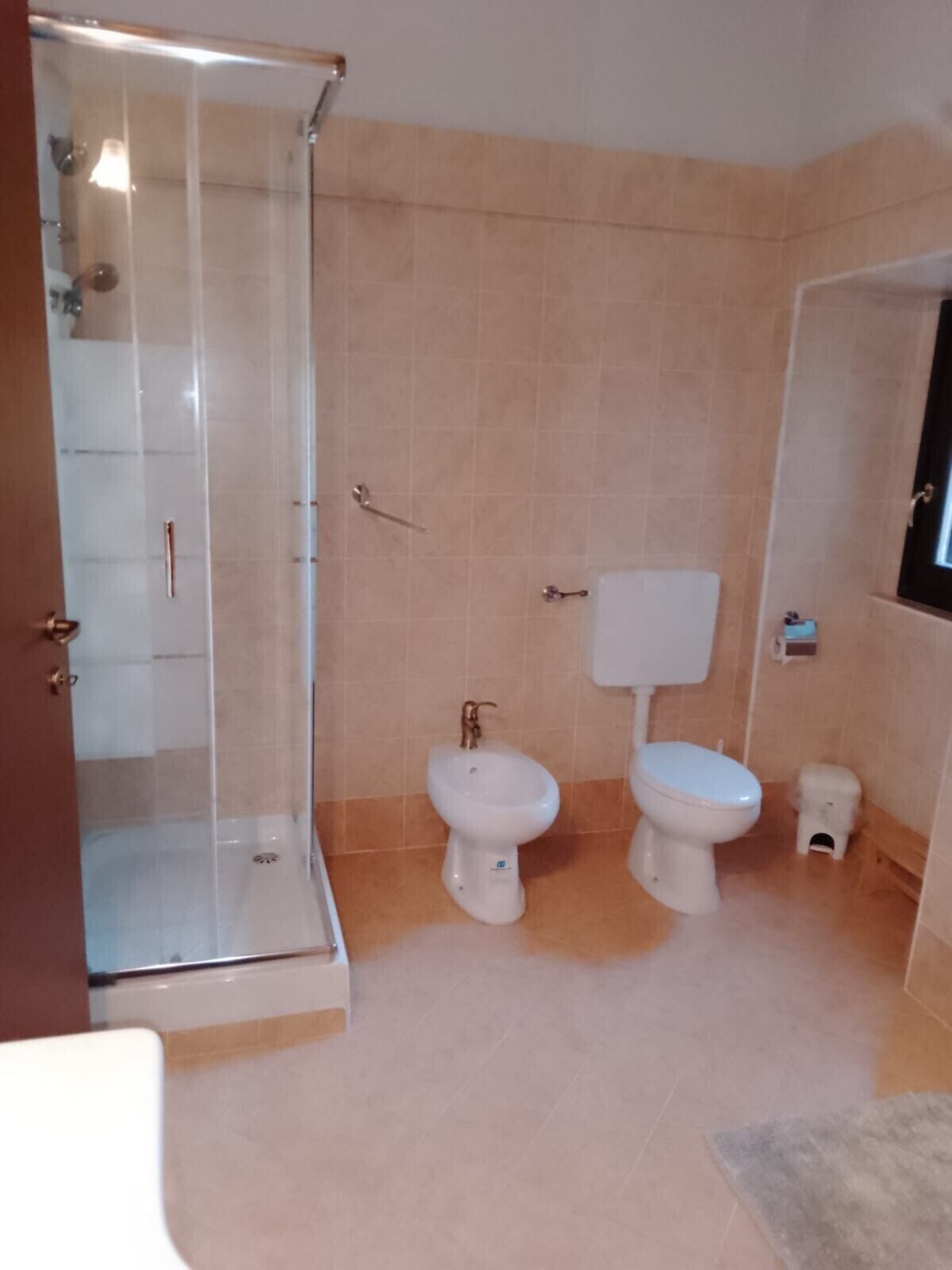 Een badkamer met een douchecabine van glas, twee toiletten en een klein prullenbakje.
