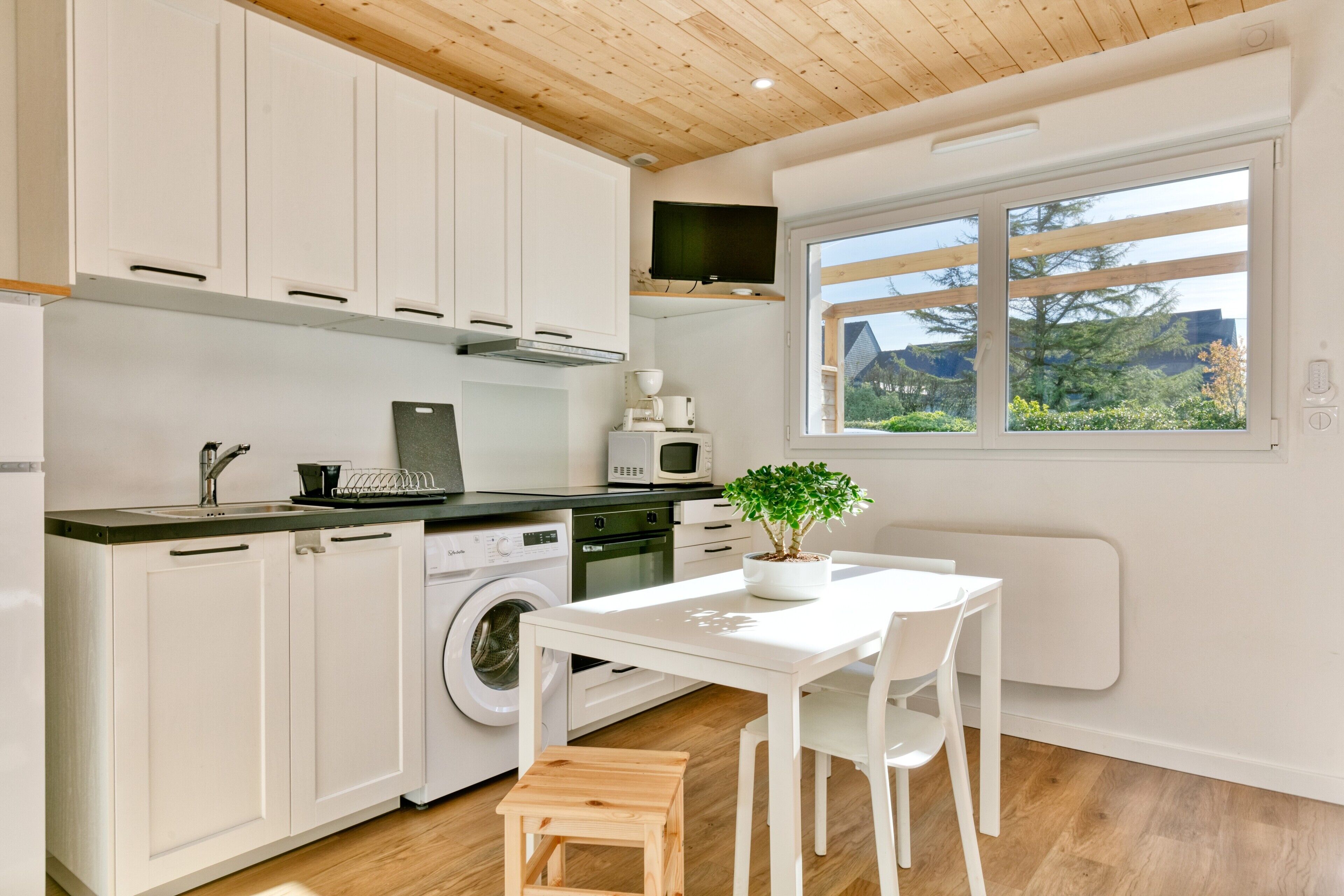 Fridge, microwave, stovetop, coffee/tea maker