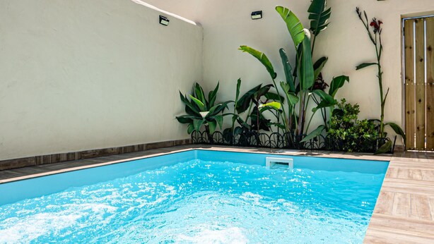 Ein Hallenbad mit Holzterrasse, umgeben von Topfpflanzen und einer hellen Wand.