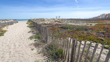 Un sentier de sable bordé d’une clôture en bois, qui mène à une zone de dunes à la végétation clairsemée, d’où l’on a une vue dégagée sur l’océan.