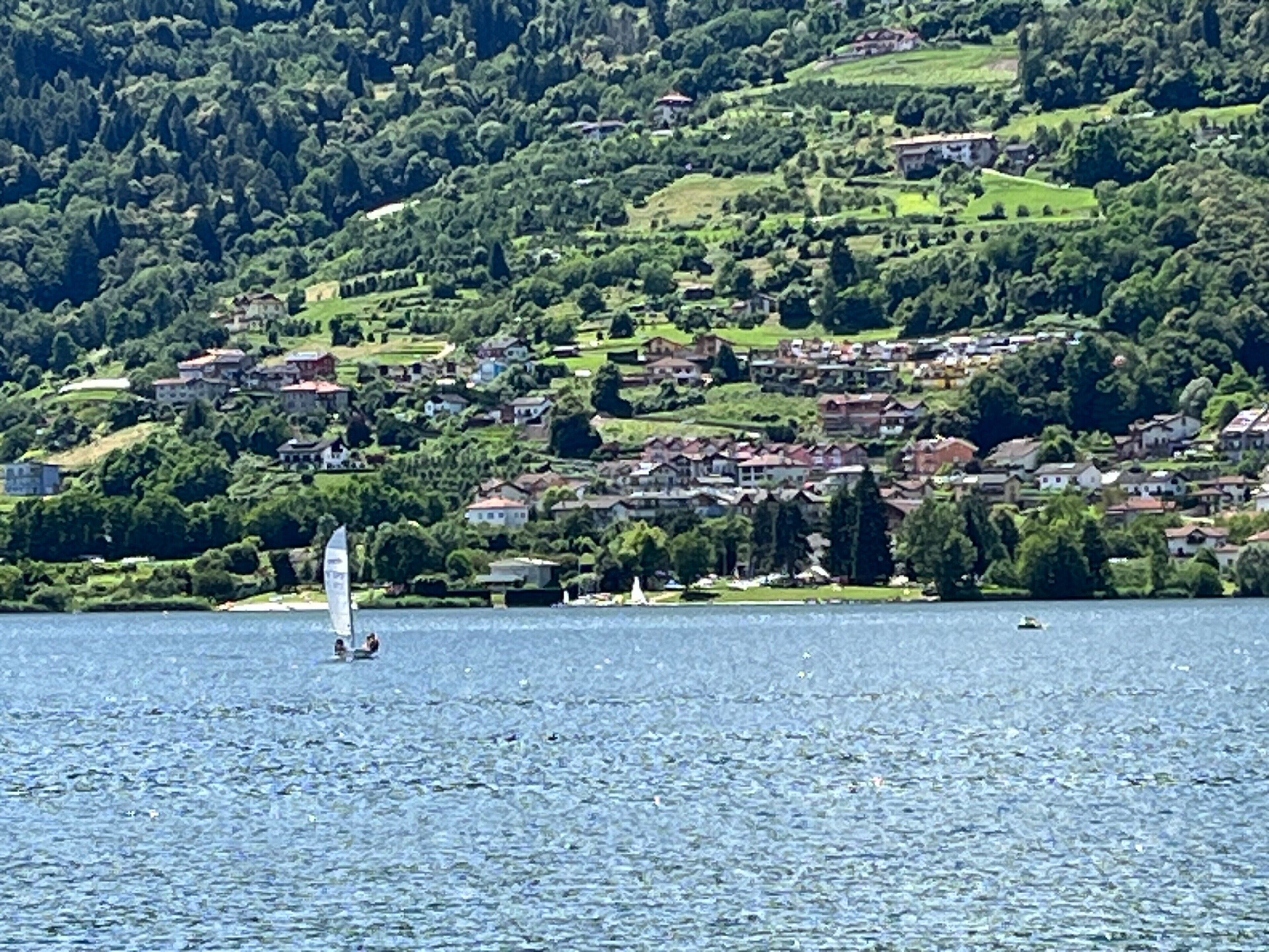 Un lago con un velero, rodeado por una ladera boscosa con casas.