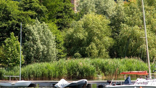 Un lac paisible, avec des bateaux, une tour de pierre et une végétation luxuriante.