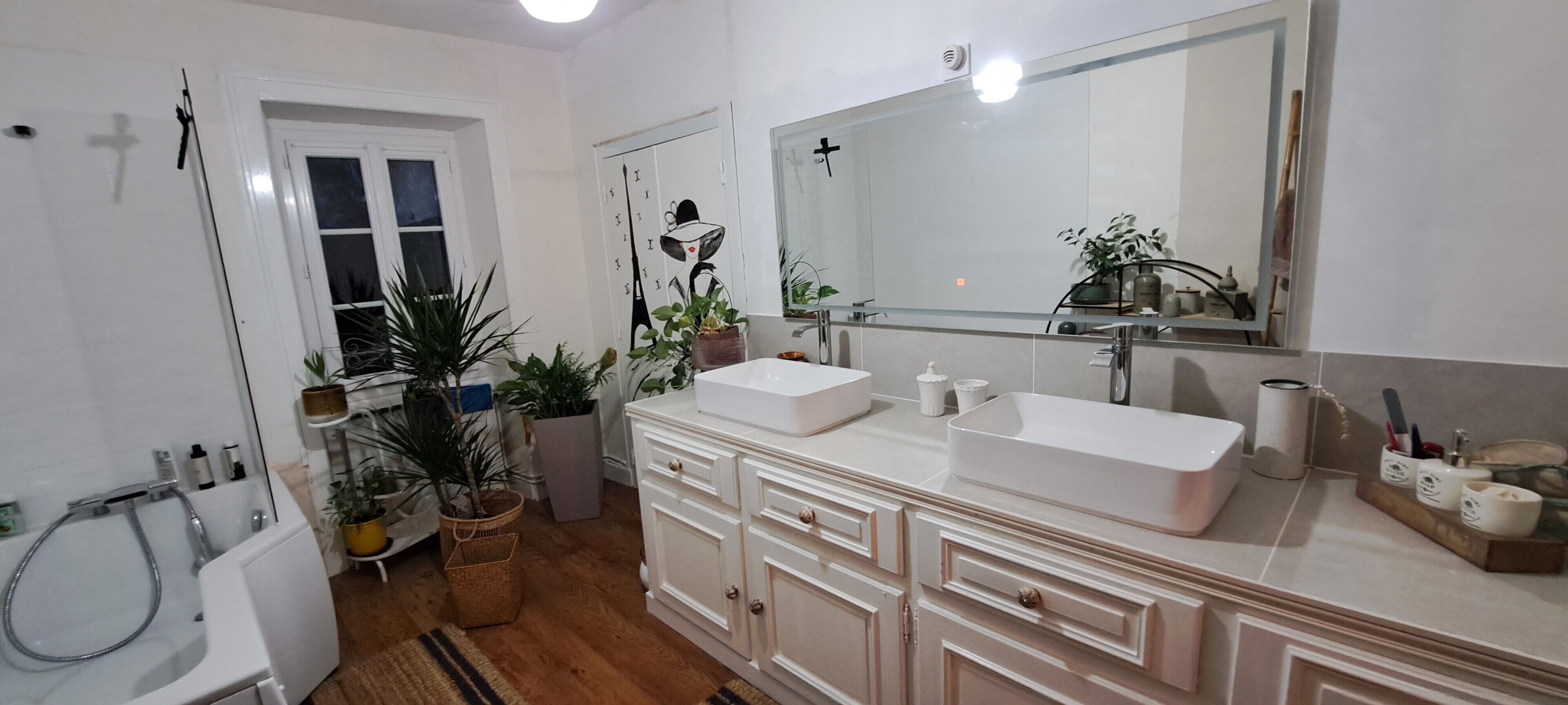 Ein Badezimmer mit zwei Waschbecken, einem großen Spiegel, einer Dusche und mehreren Blumentöpfen.