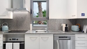Une cuisine moderne équipée d’une cuisinière, d’un four et d’un lave-vaisselle intégrés, une fenêtre donnant sur un palmier et un panneau indiquant la présence d’une connexion Wi-Fi.