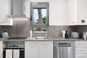 A modern kitchen with a built-in stove, oven, and dishwasher, a window with a view of a palm tree, and a WiFi sign.