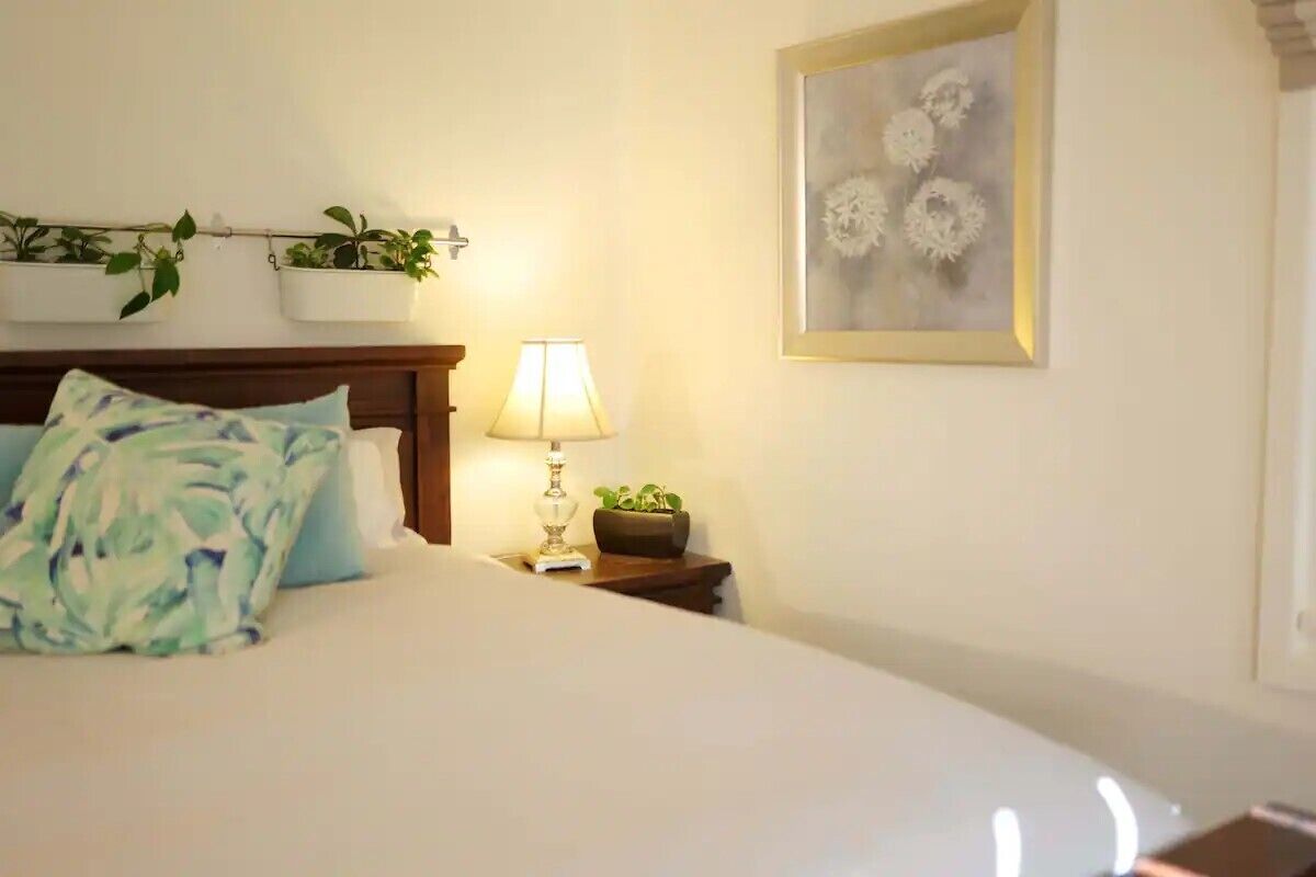 A neatly made bed with a floral pillow, a bedside lamp, a small plant on a nightstand, and a framed artwork on the wall.
