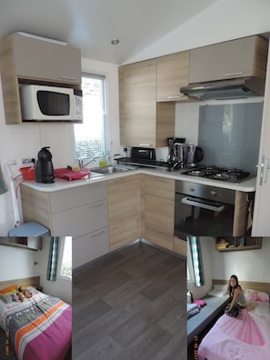 Cafeteira/chaleira, geladeira, micro-ondas, cooktop