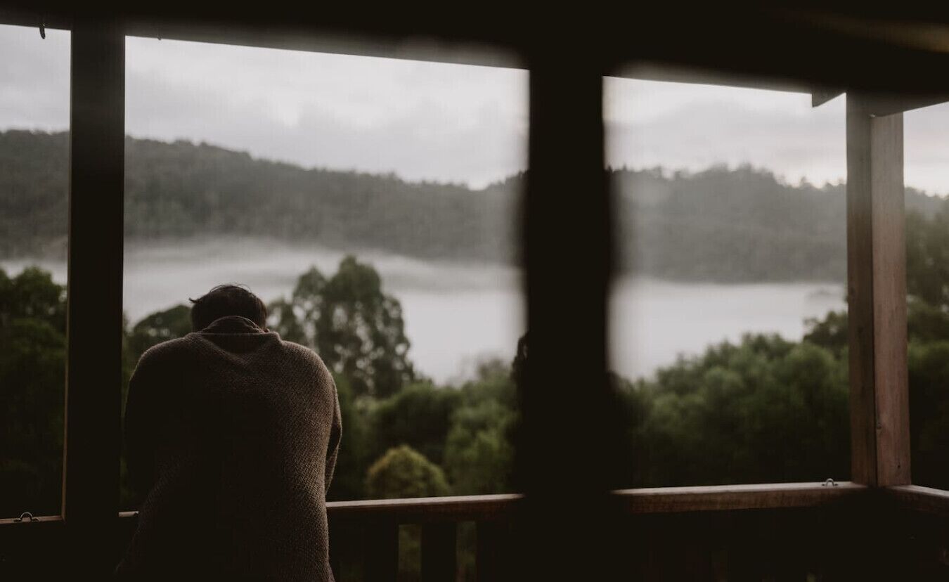 Una persona de pie junto a una ventana con vista a un lago y una colina boscosa al fondo.