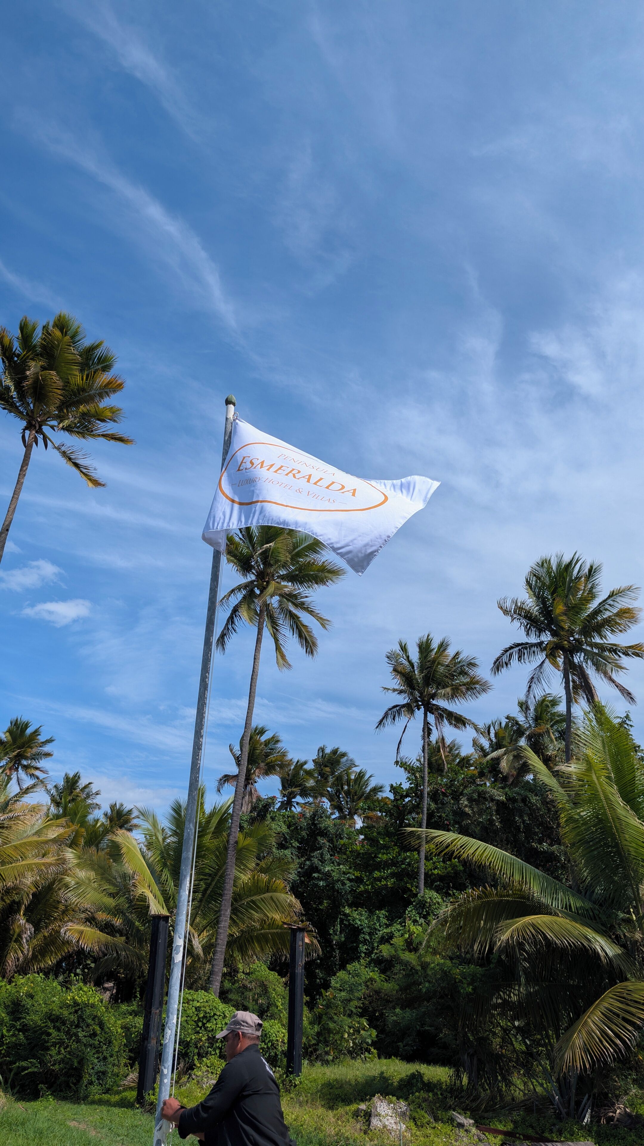 Una bandera con el texto 'Emsalda' y 'Luxury Hotel & Villas', un asta de bandera y palmeras.