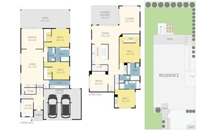 A floor plan of a residence with a patio, covered balcony, lounge, dining area, kitchen, media room, study, garage, and two bedrooms.