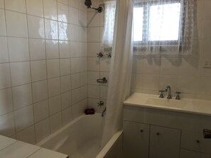 Shower, towels, soap, shampoo