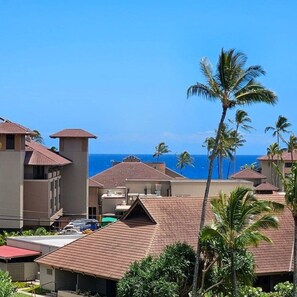 Ein Resort mit mehreren Gebäuden, freiem Blick auf den Ozean und Palmen.