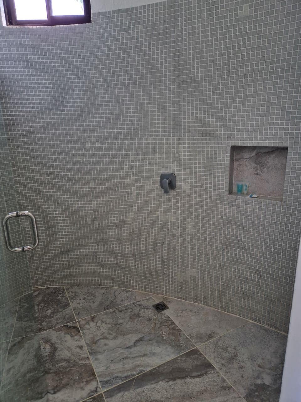 A tiled shower area with a metal grab bar, a small window, and a tiled floor.