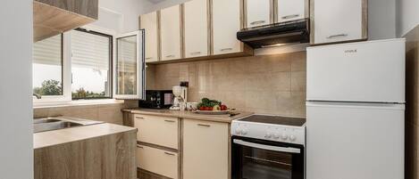 Fridge, oven, stovetop, coffee/tea maker