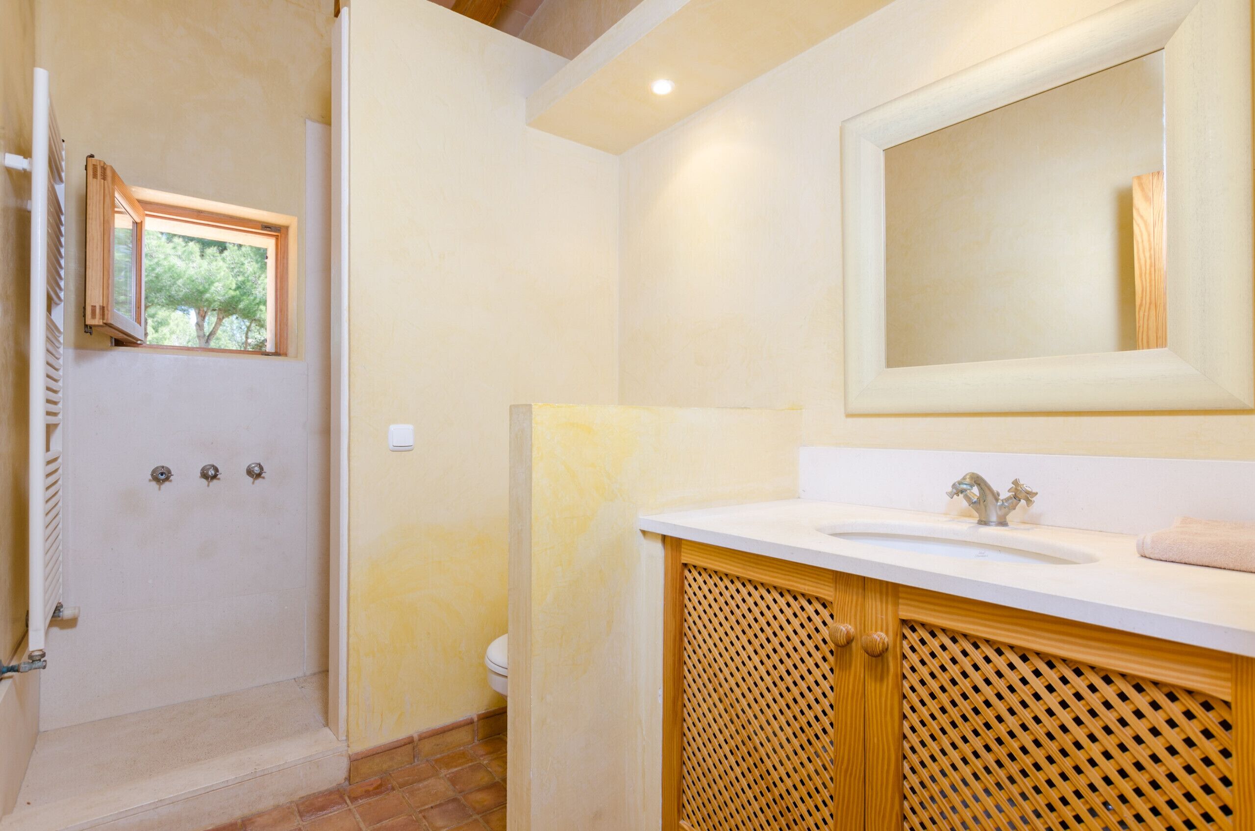 A bathroom with a shower, toilet, sink, and a large mirror.