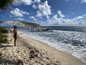 On the beach, sun loungers, beach towels