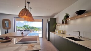Eine moderne Küche mit einer großen Kochinsel, integrierten Geräten und Blick ins Freie.