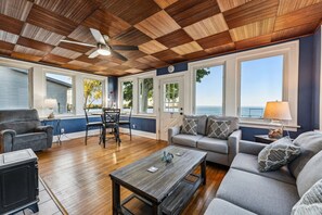 TV connectée, cheminée, livres