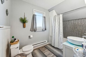 Hair dryer, towels, soap, shampoo