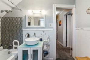 Hair dryer, towels, soap, shampoo