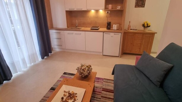 Ein gemütlicher, kleiner Wohnraum mit Küchenzeile, einer Couch und einem Couchtisch.