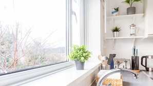 Et køkken med vindue, vask og reoler med planter og køkkenudstyr.