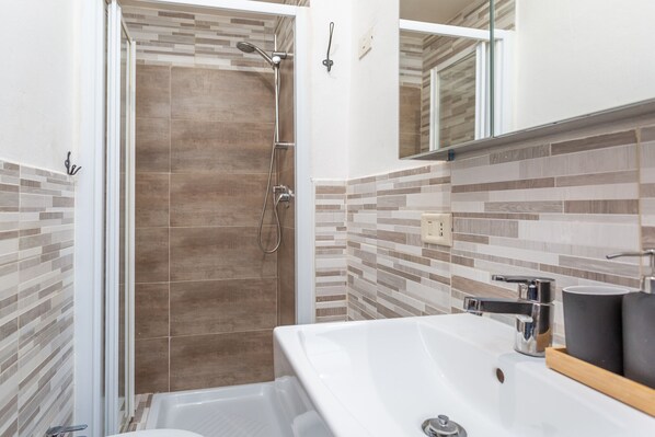 Shower, hair dryer, bidet, towels