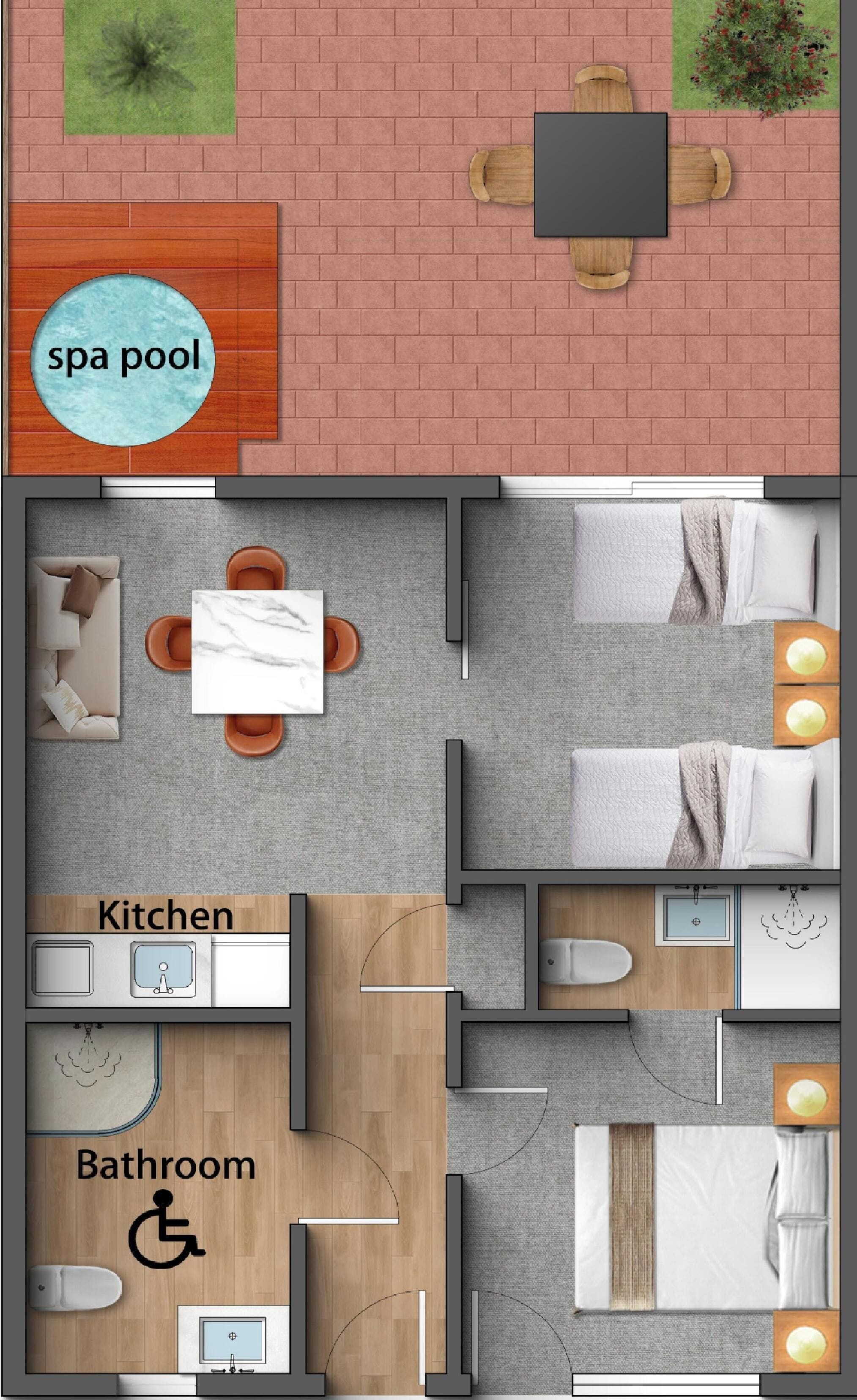 Plano de planta de un hotel con piscina termal, cocina y baño.