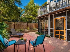 Terrace/patio - Private Courtyard + Walk to Beach, Restaurants & Shops | Quiet North Tybee Retreat | Sleeps 6 (Tybee Island)