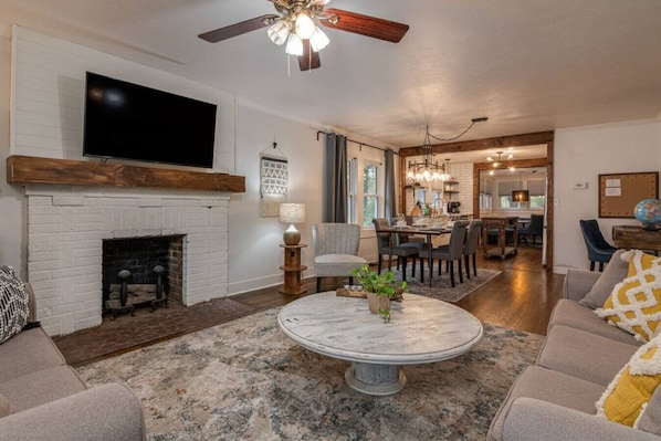 Smart TV, fireplace, foosball, table tennis