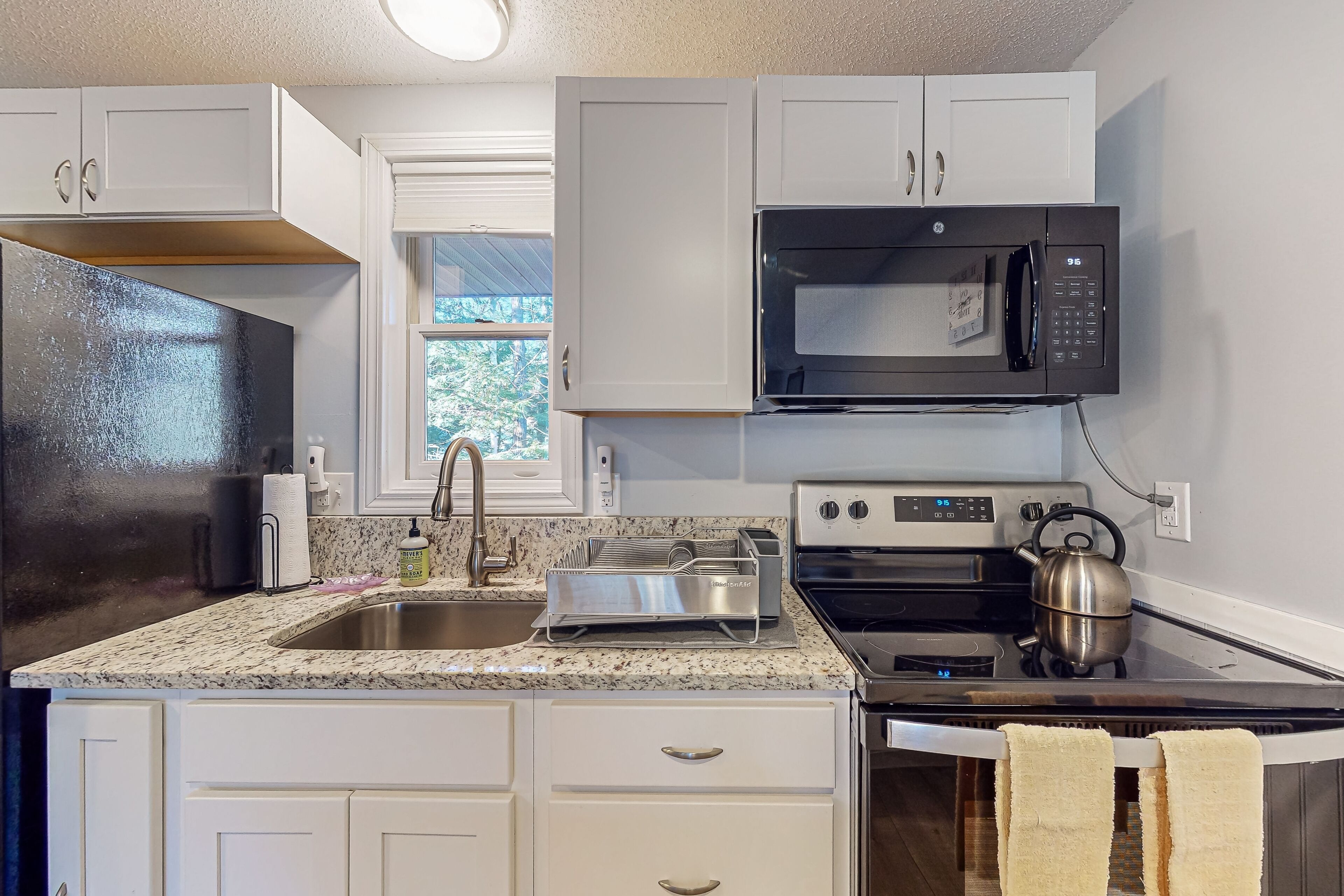 Coffee/tea maker, fridge, microwave, oven