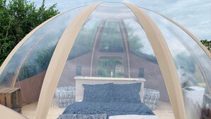 A dome-shaped tent with a bed and a small table, surrounded by trees. - Starry Wigwam (pets not allowed) (MESSEY SUR GROSNE)