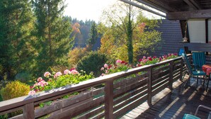 Une terrasse en bois, dotée d’une rambarde, entourée de verdure et de fleurs.