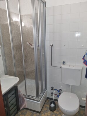 Un baño con cabina de ducha, inodoro y lavabo.