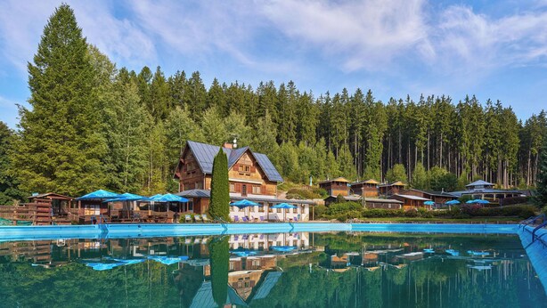 Un chalet doté d’une piscine, entouré de forêt.