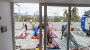 Un groupe de personnes pratiquant le yoga sur des tapis dans une pièce dotée d’une grande fenêtre donnant sur une route et sur un espace verdoyant.