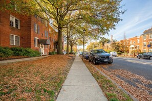 Stroll through a charming neighborhood lined with brick apartment buildings and tree-lined streets.