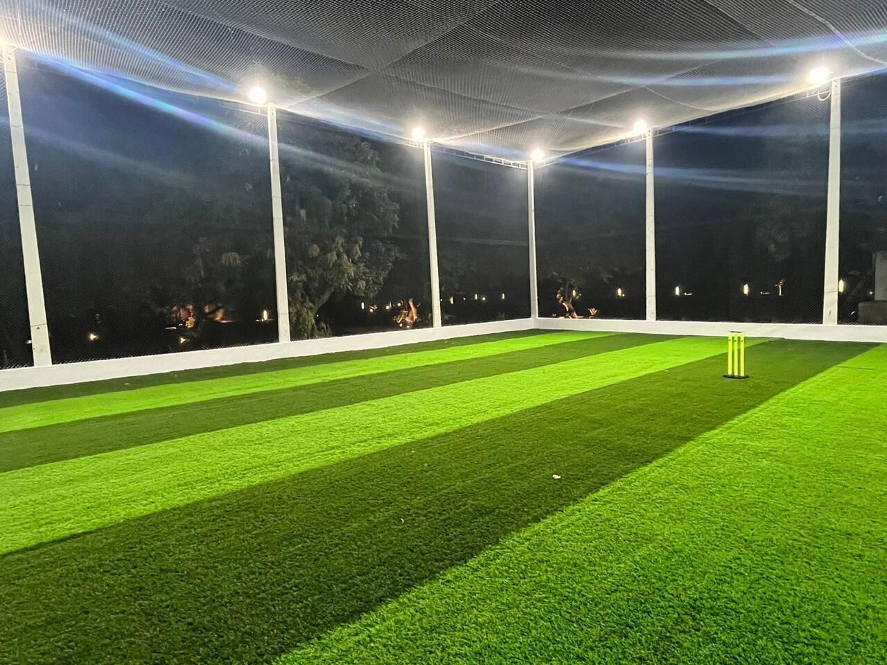 Una cancha de criquet cubierta con césped artificial, rodeada de muros blancos delimitadores y focos.