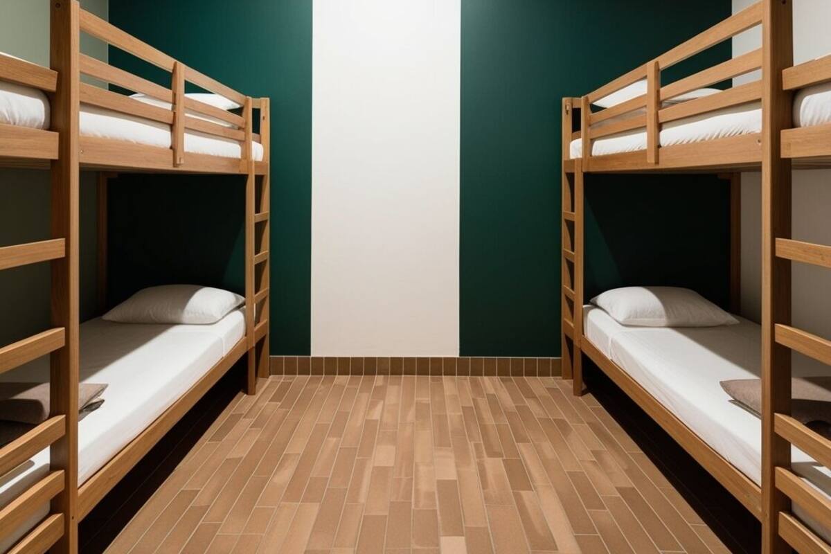 A room with two bunk beds, a tiled floor, and a plain wall with a vertical light strip.