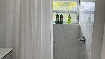 Shower, hair dryer, towels, soap