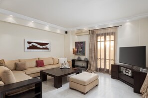 Een smart-tv, een open haard, een dvd-speler en boeken