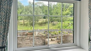 A window with a view of a garden and brick structures.