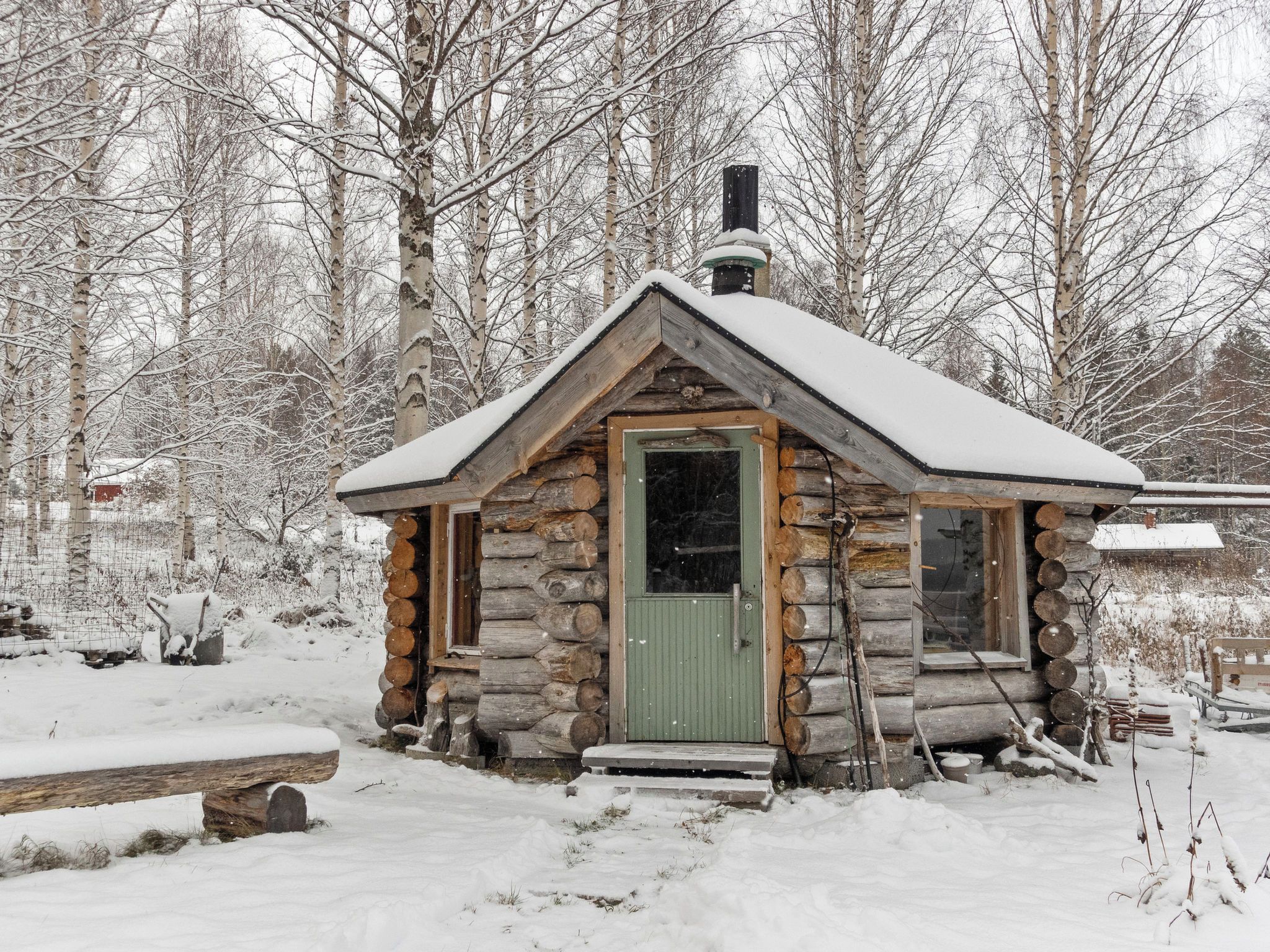 Una cabaña de troncos con puerta verde, rodeada de árboles cubiertos de nieve.