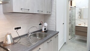 Eine moderne Küche mit Spüle aus Edelstahl, einem Wasserkocher und einer Kaffeemaschine.