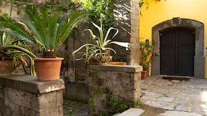 Un patio con plantas en macetas, un muro de piedra y una puerta con el nombre "MARTINELLI".