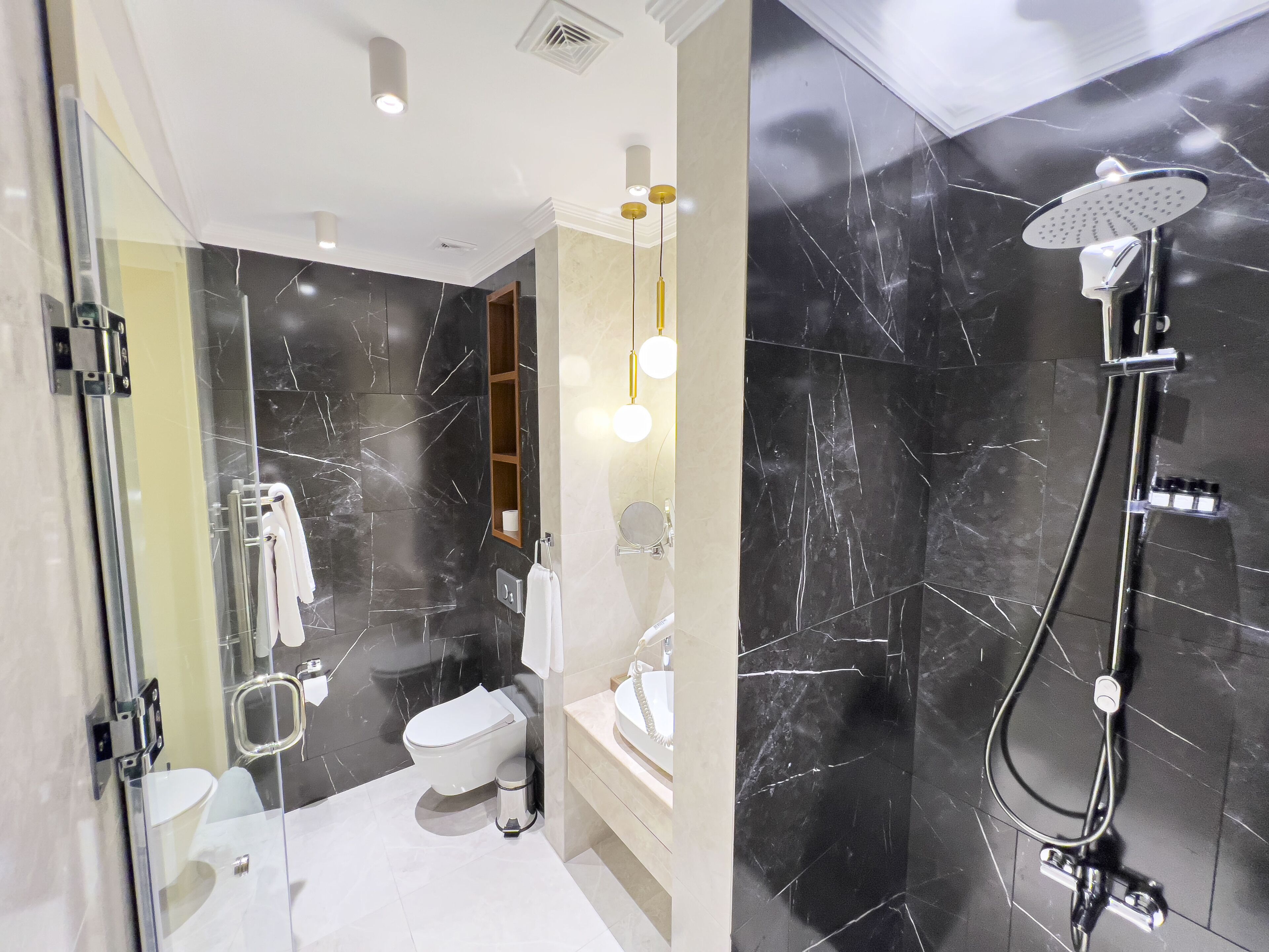 A modern bathroom with a glass-enclosed shower, a toilet, and a sink.