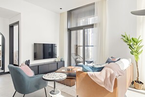 Premier Apartment | Living area | 43-inch Smart TV with digital channels - Silkhaus 15 Northside, Business Bay Dubai (Dubai)